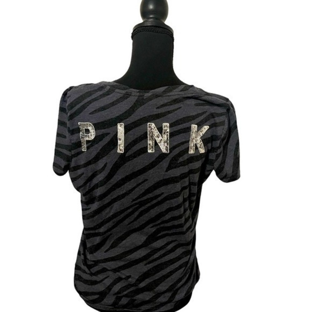 Victoria Secret Pink Zebra Print Silver Logo Short Sleeve Shirt Size Medium